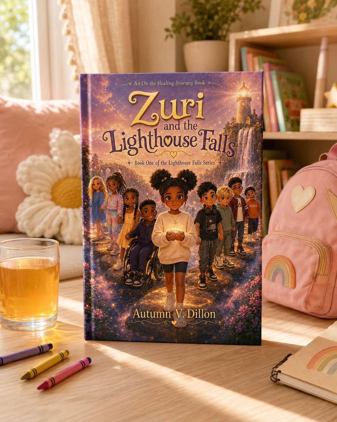 Zuri and the Lighthouse Falls hardcover standing in a sunlit playroom